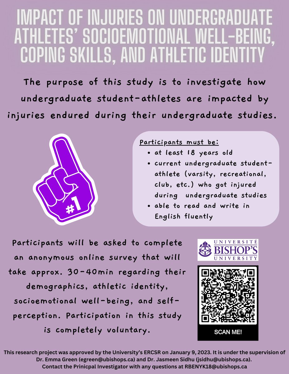 Rebecca_Benyk's tweet photo. My name is Rebecca Benyk (Bishop’s University – Psychology Department) and I am conducting a research thesis that is currently seeking participants!

If you are eligible to participate, please click on this link: https://t.co/5zzMA4YdaE or scan the provided QR code.

Thank you! https://t.co/YUw7n5WNSX