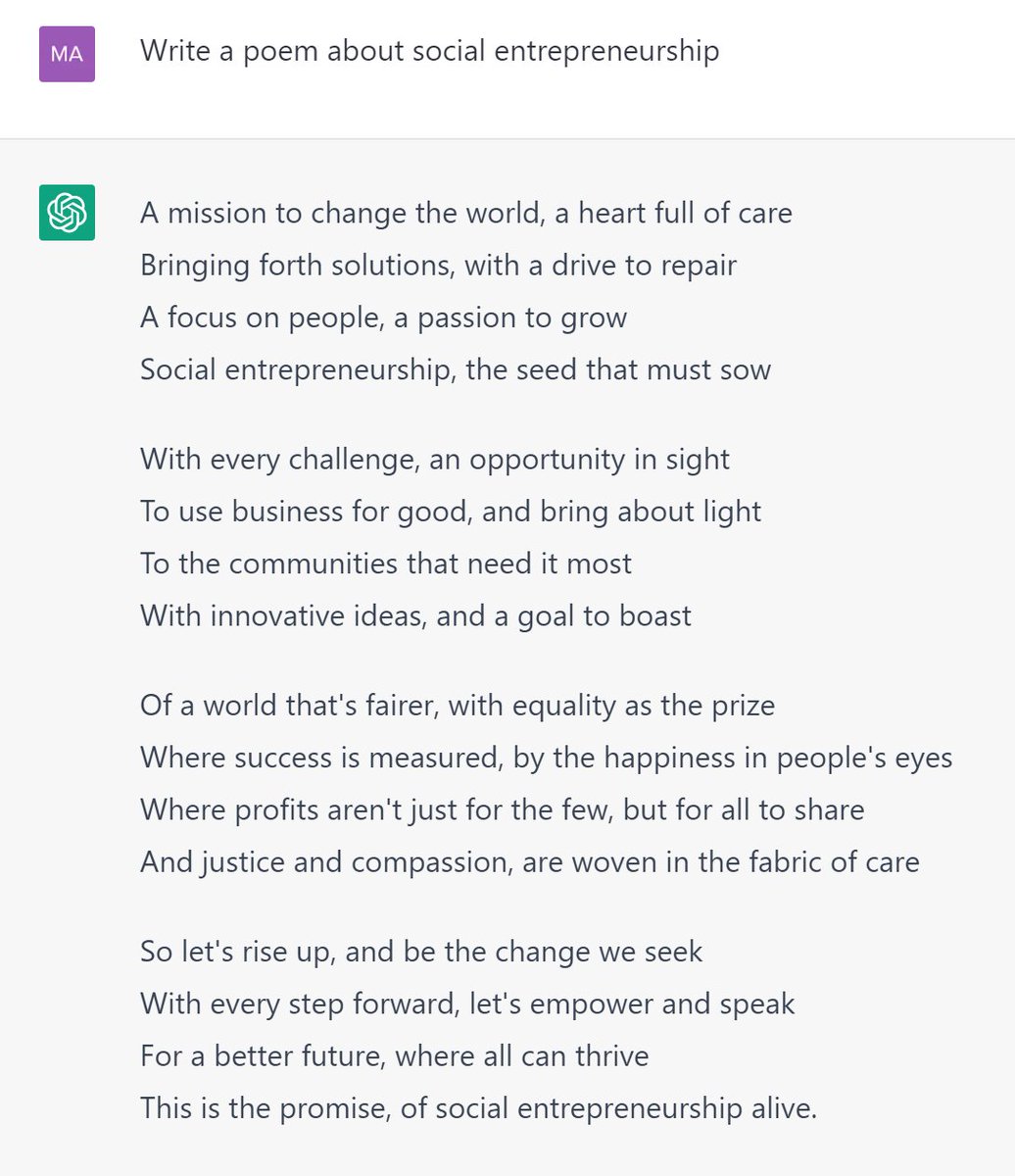 martin_downes's tweet photo. I asked ChatGPT to write a poem about social entrepreneurship. This is what I got. https://t.co/6U9vQA4Ej1