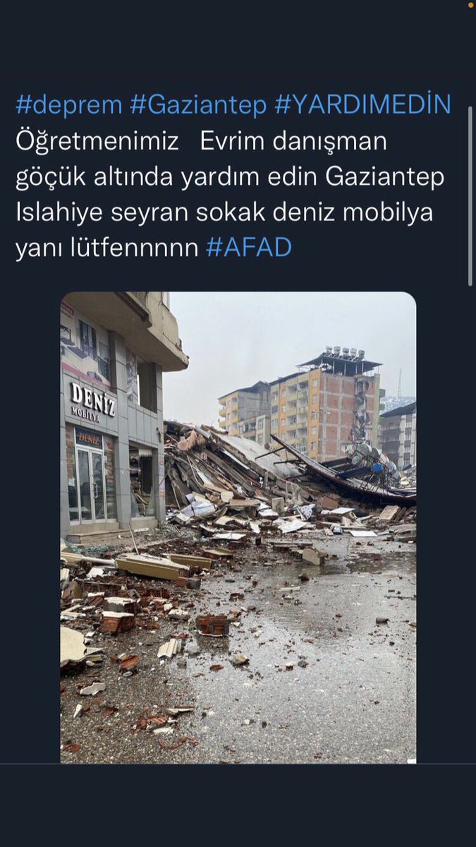 suddedkr's tweet photo. @alniopulesitivt Evrim Danışman öğretmenimiz bu alanda Gaziantep İslahiye Seyran sokak Deniz Mobilya yanı. Haber alamıyor tek yaşıyordu ailesi akrabaları hiçbirimiz ulaşamıyoruz nolursunuz bize ulaşın haberdar olmamız gerekiyor elimiz kolumuz bağlı yollardan dolayı aileside ulaşamıyor. https://t.co/grcBYMf9ZV