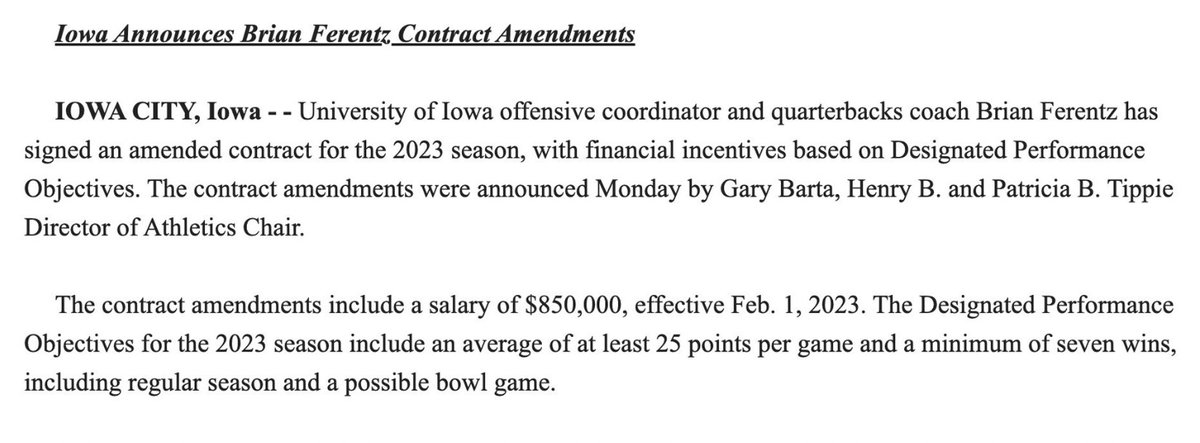 BarstoolUIowa's tweet photo. BREAKING: Iowa has amended Brian Ferentz's contract to include extra compensation for performance objectives in the 2023 season, including an average of at least 25 points per game and a minimum of 7 wins.

Does not specify points having to be score offensively however. https://t.co/A6TBkbalRa