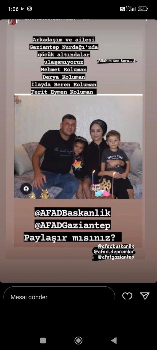 halime_gunduz's tweet photo. Gaziantep Nurdağında 
Yeni papatya sokak akarlar otomotiv üstü  istikbal karşısı  enkaz altında arkadaşım ve ailesi var haber alınamıyor .  AFAD ekipleri yok orda . #gaziantep#deprem @AFADGaziantep https://t.co/kBfrt12Cbf