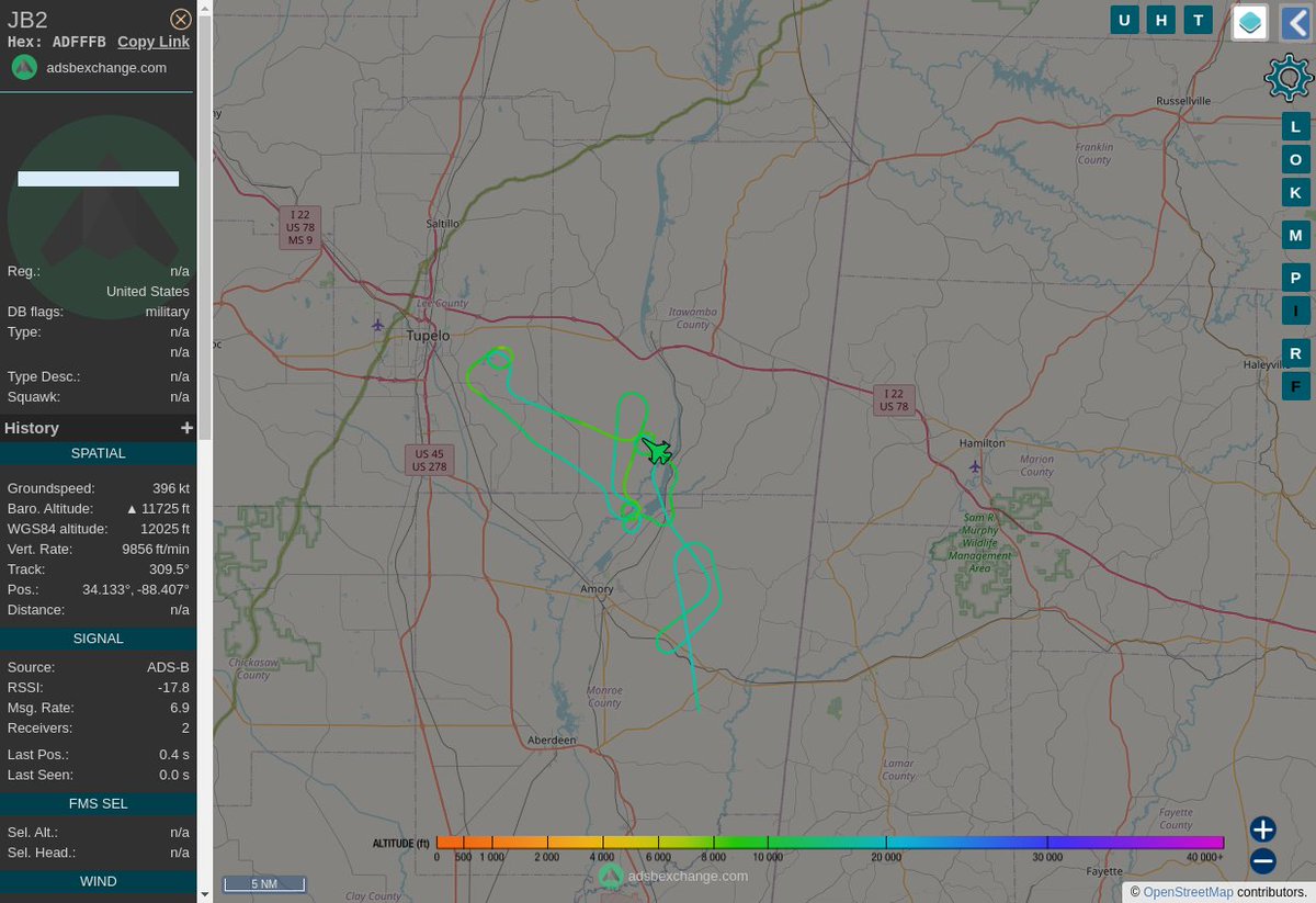 Radar_Assistant's tweet image. MULTI ADSBX VERTICAL MANOEUVRING ALERT : At time Mon Feb  6 22:13:32 2023 #JB2      was  manoeuvering vertically (altchange=5275ft, altdeltas=31625ft), 18nm from TU Veron_NDB_US
 near West Levee Service Road, Monroe County, Mississipp #AvGeek #ADSB globe.adsbexchange.com/?icao=ADFFFB&amp;amp;z…