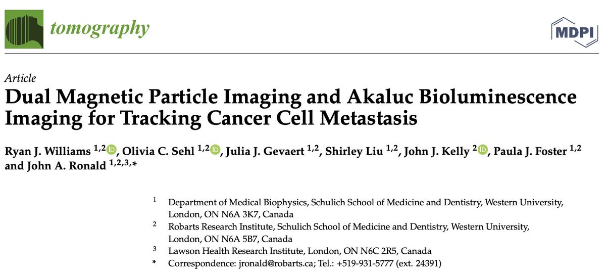 Congratulations to <a href="/Williams_RyanJ/">Ryan Williams</a> and co-authors <a href="/SehlOlivia/">Olivia Sehl, PhD</a>, @GevaertJulia, <a href="/ShirleyLiu99/">Shirley Liu</a>, <a href="/johnjmkelly/">John Kelly</a>, <a href="/PJ_Foster/">Dr Paula Foster</a> and @John_A_Ronald on their new publication demonstrating MPI and Akaluc BLI for tracking cancer cell metastasis! mdpi.com/2379-139X/9/1/…