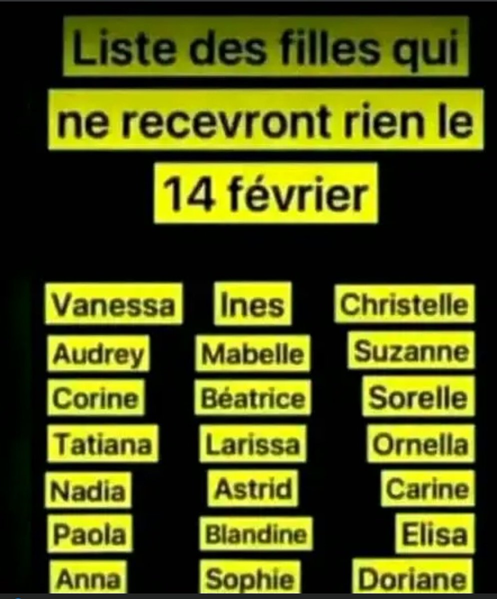 Dahnedanse's tweet photo. Liste des filles qui ne recevront rien le 14 février https://t.co/Li8yUmafin