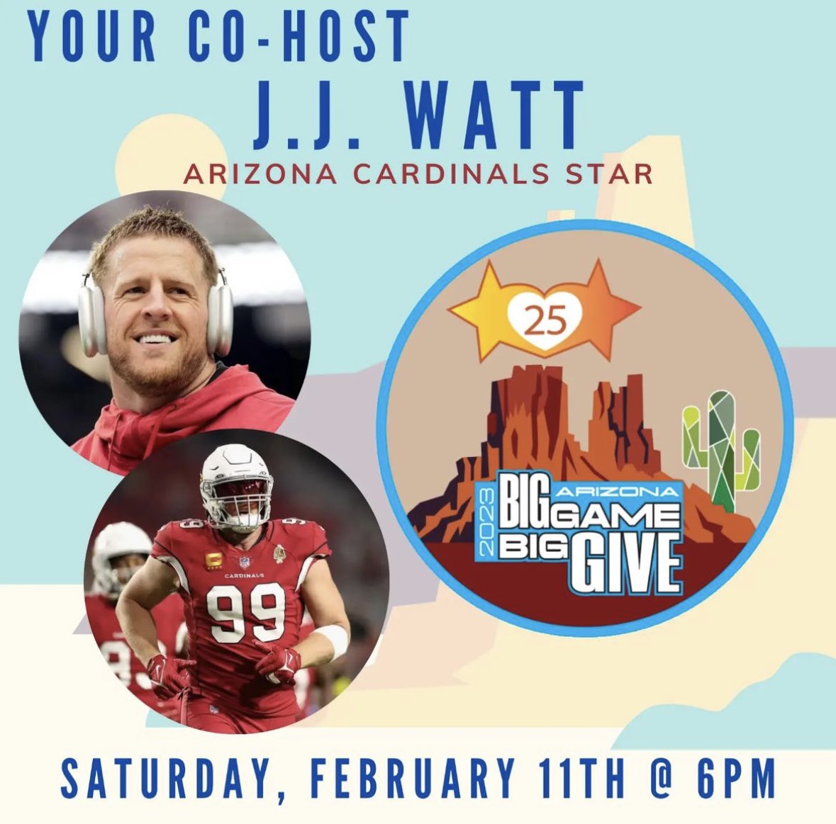 givingbackfund's tweet photo. Host Announcement 📣 
Giving Back Fund is excited to announce @JJWatt, as our co-host for our 12th annual BIG GAME BIG GIVE on Saturday February 11th from 6-10pm in Paradise Valley, Arizona. 
To inquire about tickets, please DM or contact Ssnow@givingback.org #BigGameBigGive https://t.co/GLd3e6z4LL