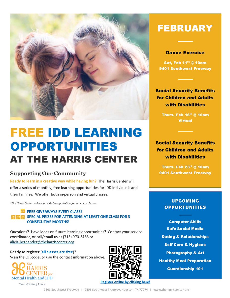 Ready to learn in a creative way and have fun? The Harris Center will offer a series of monthly, free learning opportunities for IDD individuals and their families. We offer both in-person and virtual classes. Register here: bit.ly/3I2Yrh0