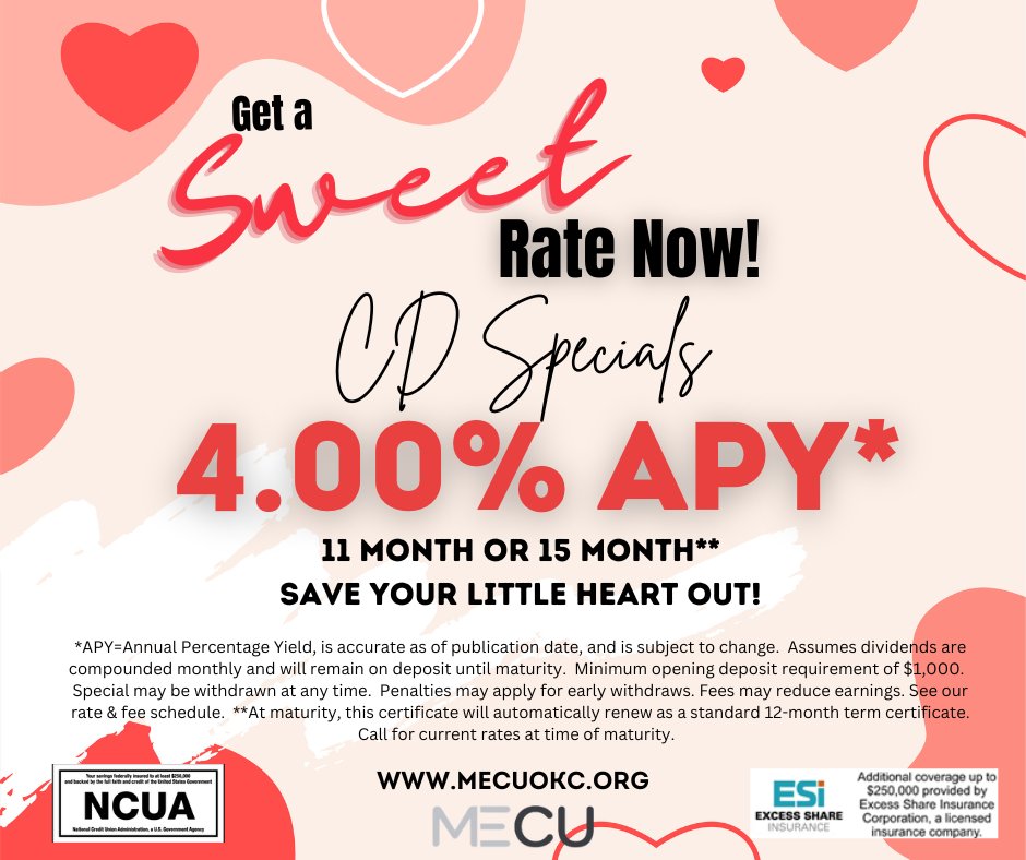 MeCU_OKC's tweet image. Save your little 💙 out! Take advantage of our 4% APY* CD rate all month long! This sweet deal won’t last long. Visit any MECU branch to get started or learn more at mecuokc.org/febuary-cd/

#savewithCDs #cdrates #saveyourheartout #mecu #mecuokc #limitedtimeoffer #creditunion