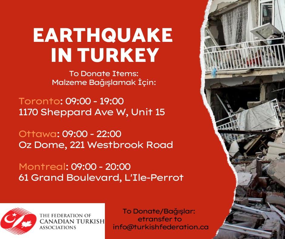 Material donations accepted in #Toronto #Ottawa #Montreal 

Money transfers (EMT) : info@TurkishFederation.ca 

#earthquake #earthquakeinturkey 
#deprem #DEPREMOLDU