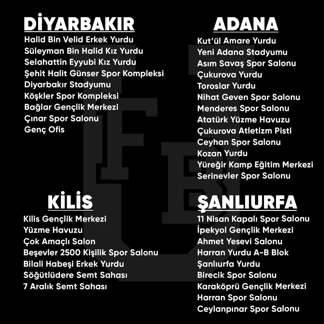 Deprem bölgelerindeki vatandaşlarımız için güncel hizmet veren tesislerin devamı bu şekildedir.
#GAZİANTEP #MALATYA #ŞANLIURFA #DİYARBAKIR #HATAY #KAHRAMANMARAŞ #ADANA #MERSİN #OSMANİYE #DEPREM