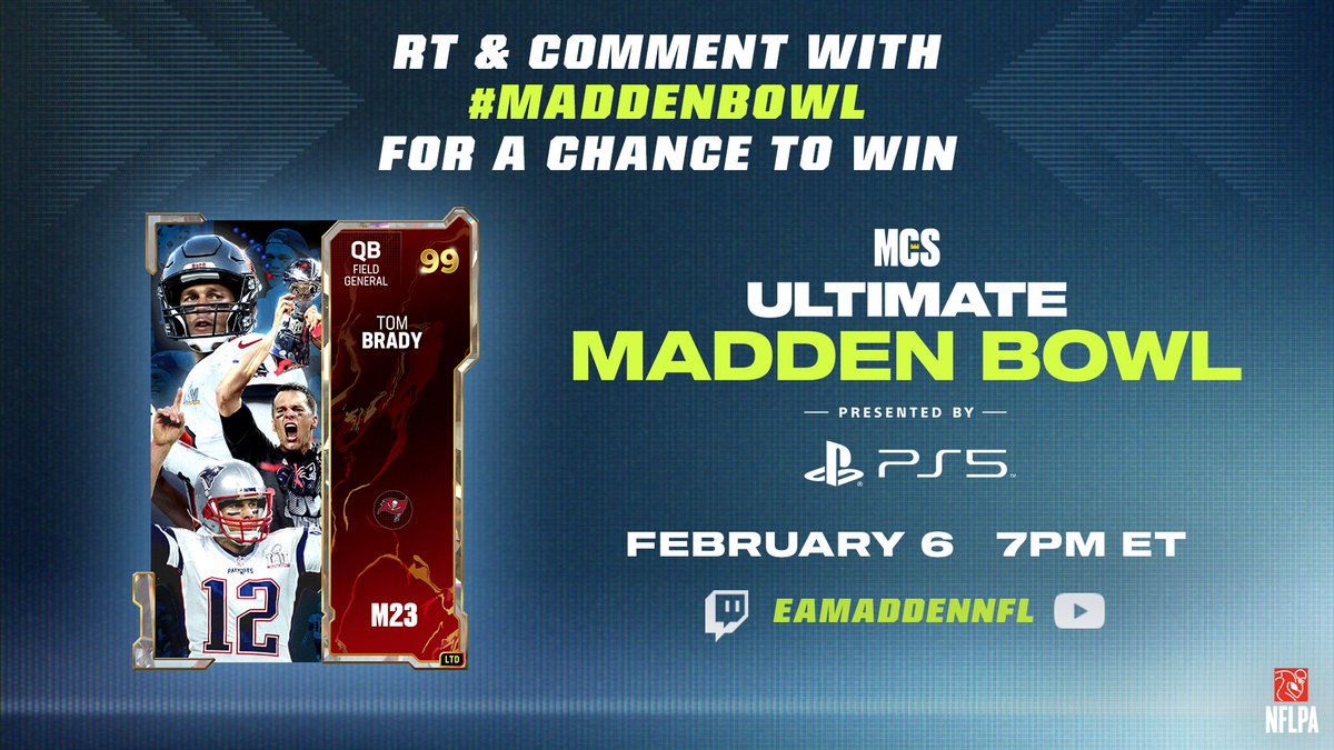 RT &amp; Comment with #MaddenBowl for a chance to win a <a href="/TomBrady/">Tom Brady</a> for your MUT team 🐐

Tell us who you're rooting for tonight and you could see  your🫵 tweet on tonight's #Madden23 MCS broadcast 📺  

7:00 PM ET 👇 
Twitch: twitch.tv/eamaddennfl
YouTube: youtube.com/live/ZKASxUyYA…