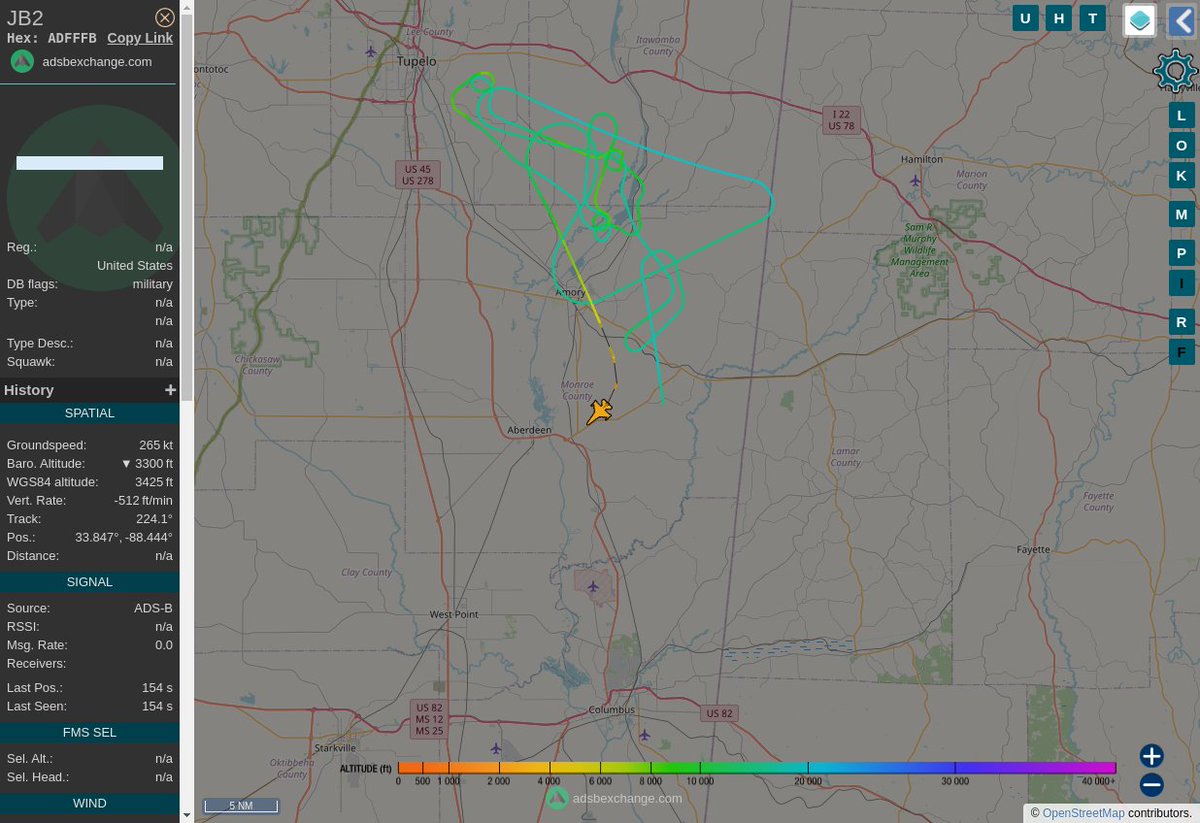 Radar_Assistant's tweet image. MULTI ADSBX MANOEUVRING ALERT : At time Mon Feb  6 22:24:52 2023 #JB2      was likely to be manoeuvring at FL147 21nm from CBM Caledonia_VORTAC_US
 near Vaughn Road, Monroe County, Mississippi, 38821, Un #AvGeek #ADSB globe.adsbexchange.com/?icao=ADFFFB&amp;amp;z…