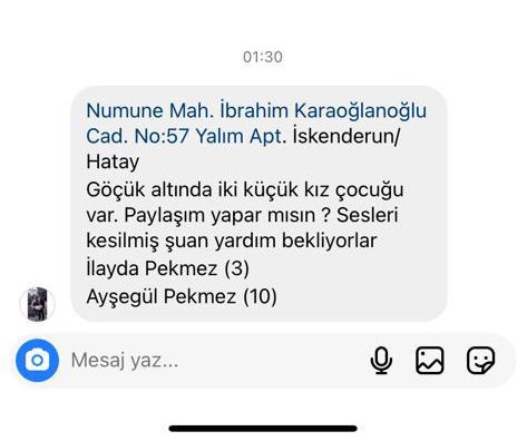 HATAY/ İSKENDERUN
GÖÇÜK ALTINDA 3 ve 10 YAŞINDA iki çocuk var sesleri gelmiyor!! YARDIM EDİİİN ÇOCUKLARA NOLUR🙏🏻🙏🏻