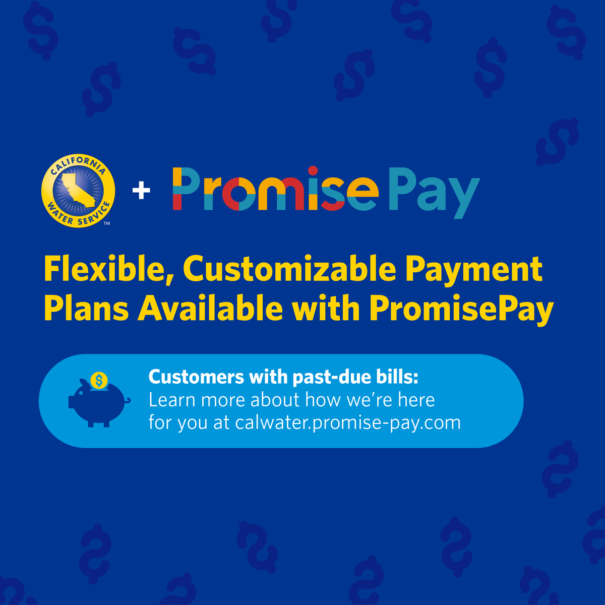 California Water Service (@calwater) on Twitter photo We’re excited to launch our new partnership with <a href="/Promise/">Millennium Promise Alliance</a> today to offer more flexible, convenient, private, and no-fee payment plans for residential customers with past-due water bills. To learn more and enroll, visit: bit.ly/3jznMFQ We’re excited to launch our new partnership with <a href="/Promise/">Millennium Promise Alliance</a> today to offer more flexible, convenient, private, and no-fee payment plans for residential customers with past-due water bills. To learn more and enroll, visit: bit.ly/3jznMFQ