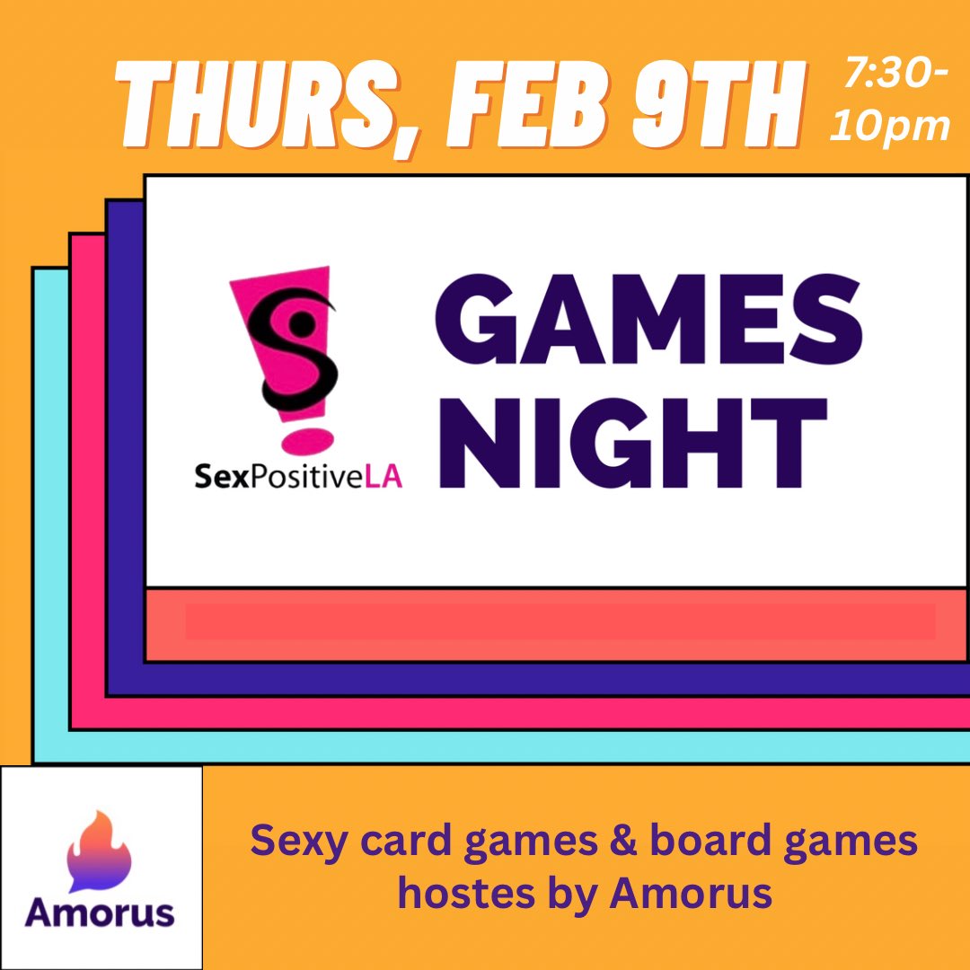 SexPosLA's tweet photo. Play sexy games w/SPLA &amp; @amorusapp THIS THURS, FEB 9th @910weho🎉

Have you been curious to try sexy games w/lovers &amp; friends? Featuring the new party game CHAT SPARKS from AMORUS and other sexy card &amp; board games. Bring friends and/or come to make new ones!

Link in bio⬆️💕 https://t.co/Fm6FvYjxHH