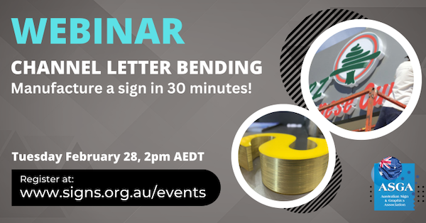 SDO2's tweet image. ASGA webinar on Channel Letter Bending. “We want to bring manufacturing back to Australia," says #ASGA president Mick Harrold. "That’s what these machines and new technologies are allowing us to do.” bit.ly/3JHFzoX