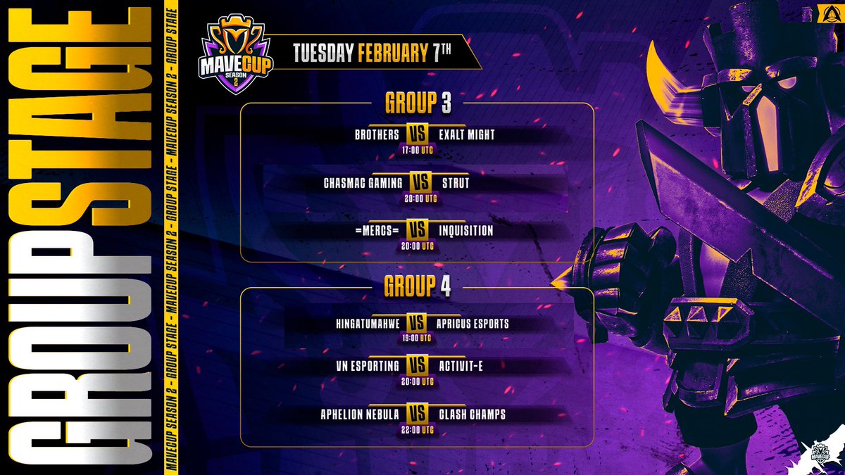 MAVE CUP (@mavecup) on Twitter photo ๐ข MARTES seguimos con la fase de grupos de los grupos 3๏ธโฃ y 4๏ธโฃโผ๏ธ
Grupo 3๏ธโฃ
โ๏ธ<a href="/ExaltMight/">Exalt Might Esports</a> ๐ <a href="/BrothersCOC10/">Brothers Alliance Official</a>
โฐ 17:00 UTC
โ๏ธ<a href="/inqclan/">INQUISITION</a> ๐ @mercsesports
โฐ 19:00 UTC
โ๏ธ@STRUTesportsCoC ๐ @rpg_cmg
โฐ 20:00 UTC ๐ข MARTES seguimos con la fase de grupos de los grupos 3๏ธโฃ y 4๏ธโฃโผ๏ธ
Grupo 3๏ธโฃ
โ๏ธ<a href="/ExaltMight/">Exalt Might Esports</a> ๐ <a href="/BrothersCOC10/">Brothers Alliance Official</a>
โฐ 17:00 UTC
โ๏ธ<a href="/inqclan/">INQUISITION</a> ๐ @mercsesports
โฐ 19:00 UTC
โ๏ธ@STRUTesportsCoC ๐ @rpg_cmg
โฐ 20:00 UTC