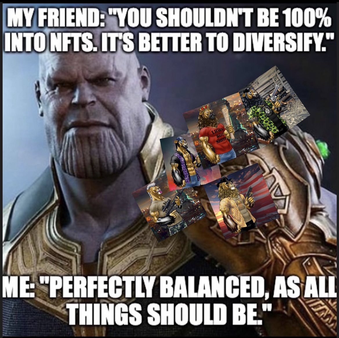 Are you ready to join the quest to collect all the #NFTs? At #LionsNotSheepNFT, we believe that just like Thanos collecting the infinity stones, collecting NFTs is a powerful way to showcase your unique taste and style. So join us on our journey! #nft #nftmeme #memes