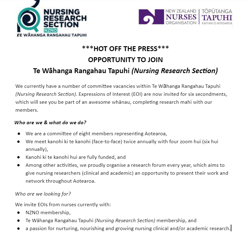 Kia ora koutou, there are still a number of vacancies available, so nau mai haere mai. If you would like to submit an EOI please email nzno.nrs@gmail.com a completed EOI for Secondment Form!