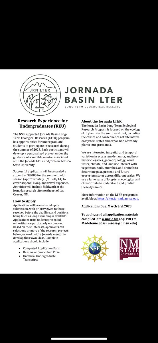 Very cool REU program for those interested in ecology! $8,000 stipend to cover your expenses!