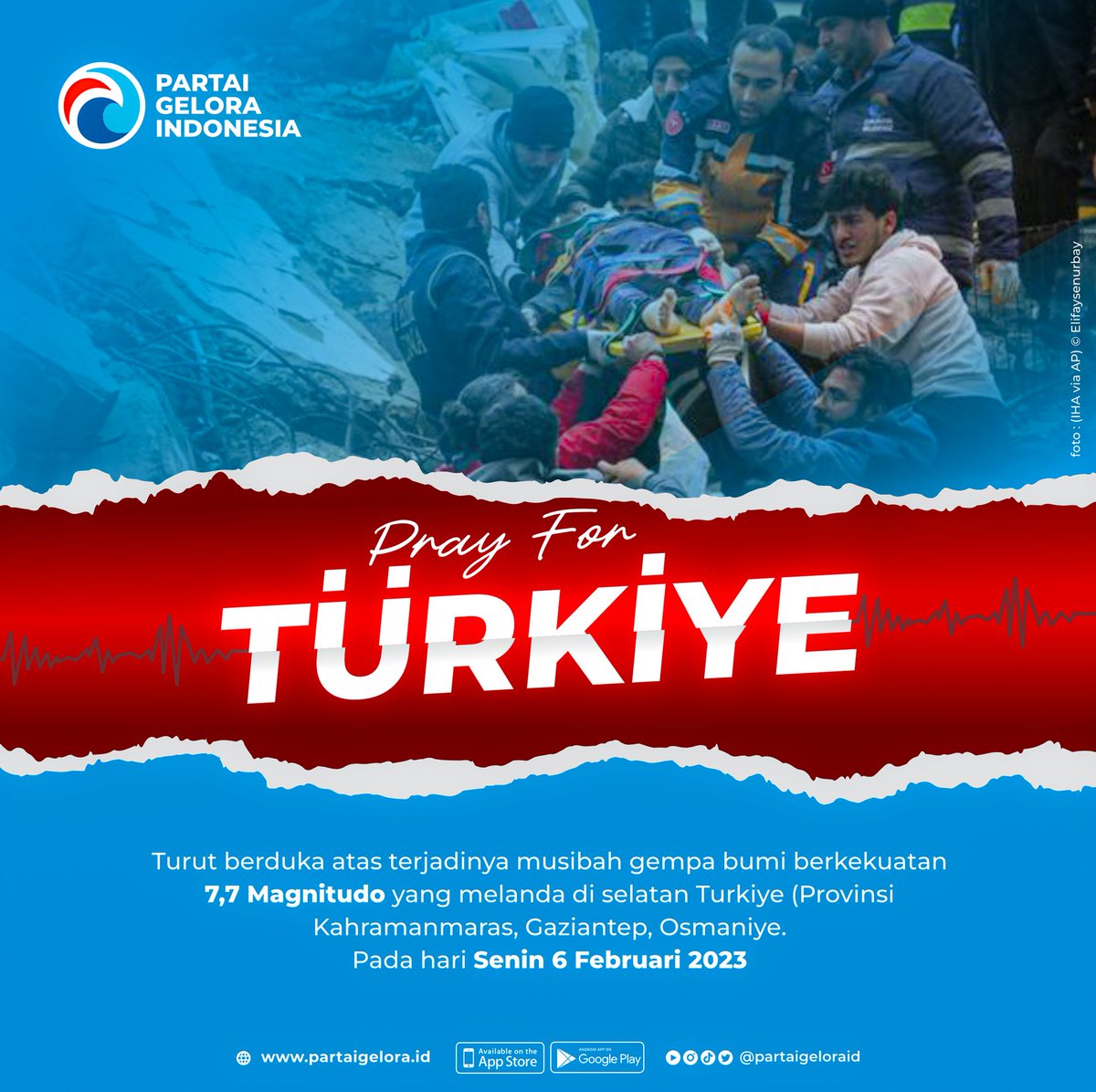 partaigeloraid's tweet photo. Inna lillahi wa inna ilaihi rajiuun.
Duka sangat mendalam atas terjadinya musibah gempa yg melanda Turki &amp; sekitarnya.
Semoga Allah SWT menolong, menguatkan &amp; segera pulihkan saudara kita yg terluka &amp; terdampak dari musibah ini
@anismatta 
#PrayForTurkey #earthquake #Turkey https://t.co/TDc9IdnmGv