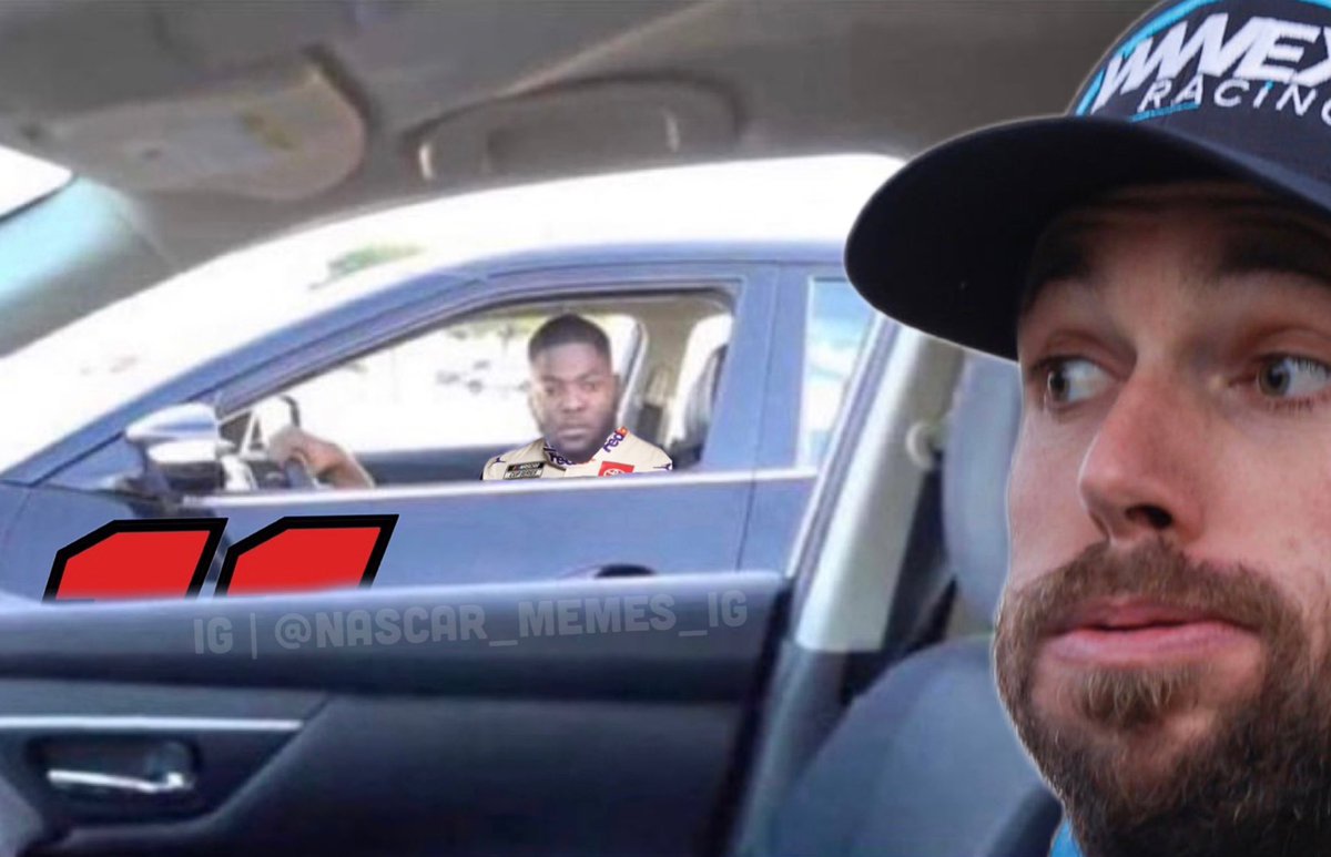 denny hamlin pulling up beside ross chastain after being taken out for the 33rd time in less than a year