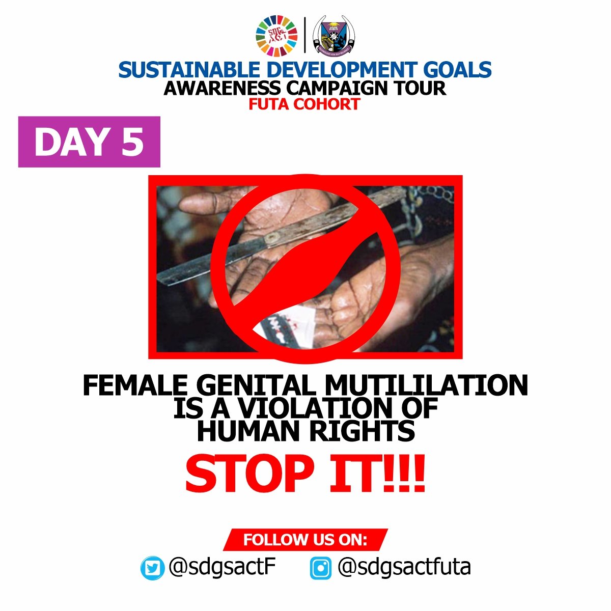 End FGM campaign (DAY 5)❗❗❗

The practice of FGM is recognized internationally as a violation of the human rights of girls and women.
It reflects deep-rooted inequality between the sexes and constitutes an extreme form of discrimination against girls and women.