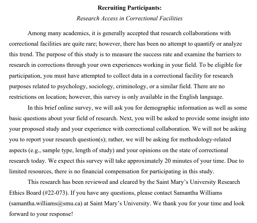 If you are a researcher in the social sciences and at some point in your career, you have attempted to conduct a study in a correctional facility (e.g., prison, jail, forensic hospital/clinic), please take 20 minutes to tell us about your experience: smuniversity.qualtrics.com/jfe/form/SV_3B…