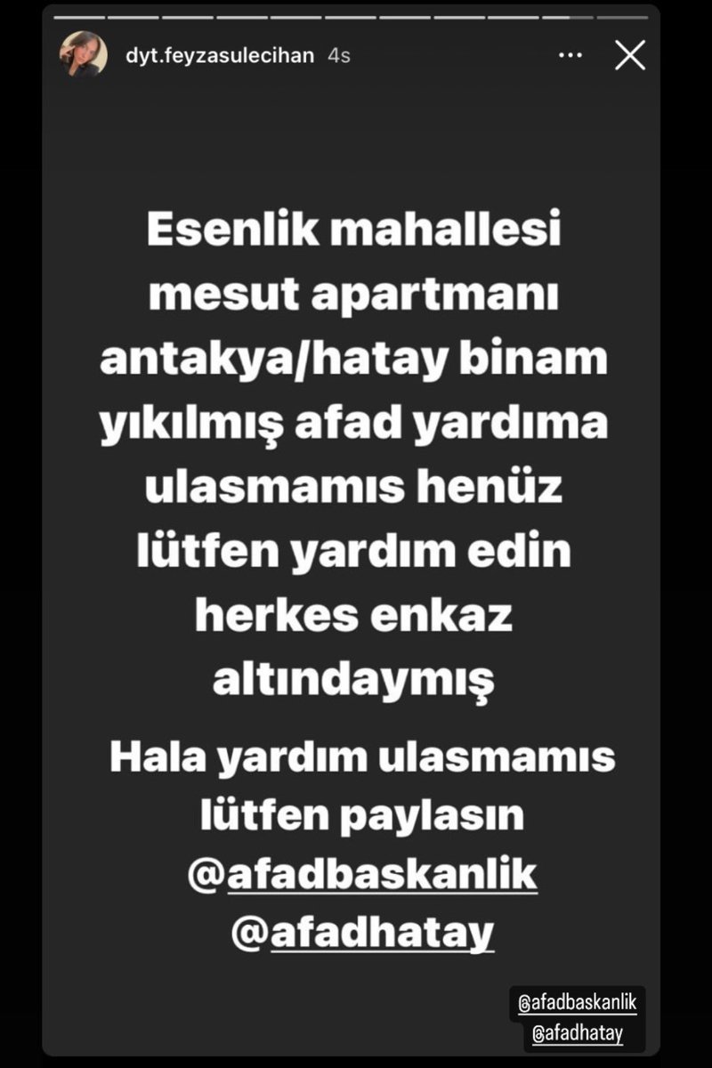 buyulualem's tweet photo. ANTAKYA/HATAY

Esenlik Mah. Mesut Apt.

Bina yıkılmış. AFAD yardımı yok. Herkes enkaz altındaymış.

#Hatay #antakya #deprem @AFADBaskanlik @AFADHatay @haluklevent @ahbap @ahbaphatay https://t.co/EDY4q13Y3j