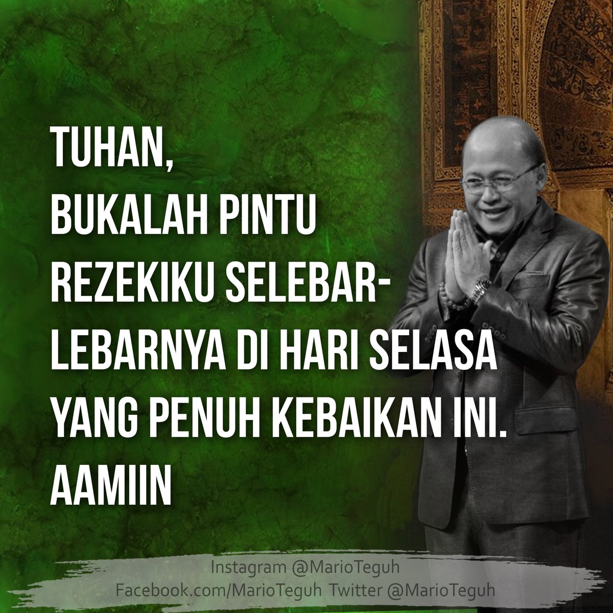 marioteguh's tweet photo. Aamiin ... πππ
#doa #hariselasa #doapagi #motivator #motivatorindonesia #motivasi #inspirasi #MTGW #inspirasihidup #MarioTeguh #stayhealty #rezeki #MarioTeguhTV #keluarga #Aamiin https://t.co/k5V3XNltYV