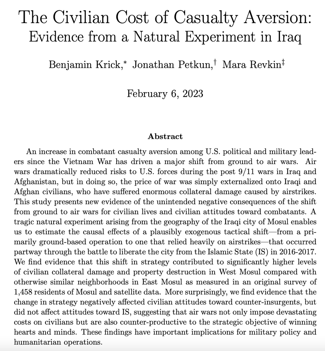 Really looking forward to presenting a new working paper coauthored with @benckrick & @JonPetkun, 'The Civilian Cost of Casualty Aversion: Evidence from a Natural Experiment in Iraq' @DukePoliSci's SPC workshop on Feb. 9: polisci.duke.edu/events/spc-wor…