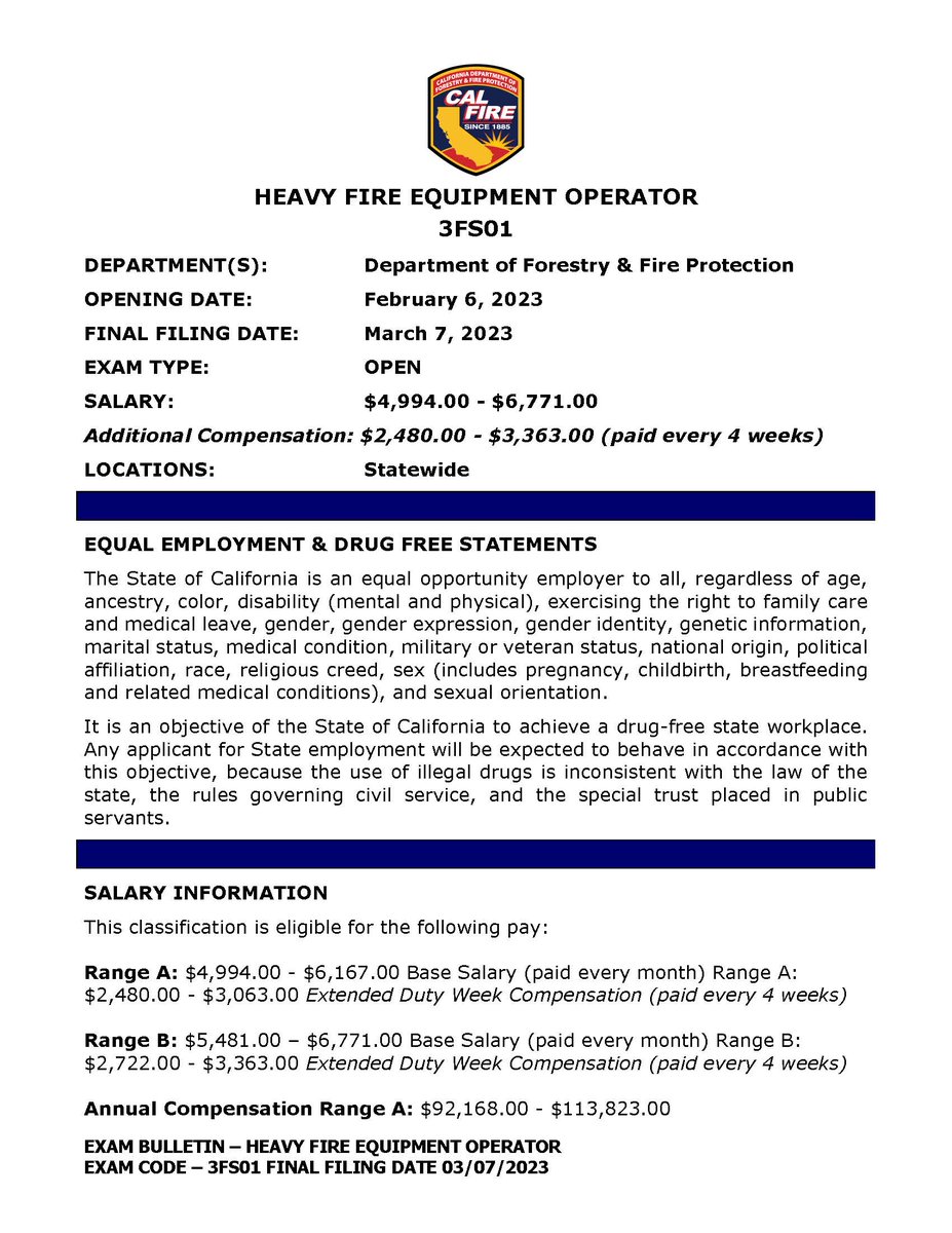 NOW: CAL FIRE CZU is hiring Heavy Fire Equipment Operators! 🧯🚒🪓 We have several openings right here in our awesome unit.  Come work with us! 
 LINK➡️tinyurl.com/2hcjm5b6 #JoinCALFIRE #California #Firefighter