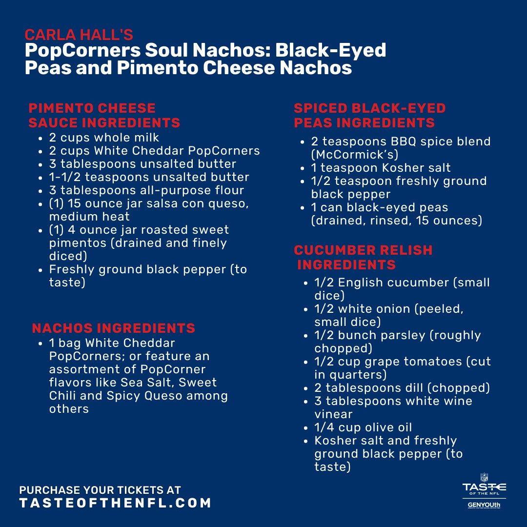 TasteoftheNFL's tweet photo. With #SB57 just a few days away, how about adding a little pop to your Game Day #homegate? Check out @carlahall’s @Fritolay @popcorners Soul Nachos: Black-Eyed Peas & Pimento Cheese Nachos—crunchy & wholesome popped corn snacks piled high with anything-but-average nacho fixings. https://t.co/yy8kh5Y2TK