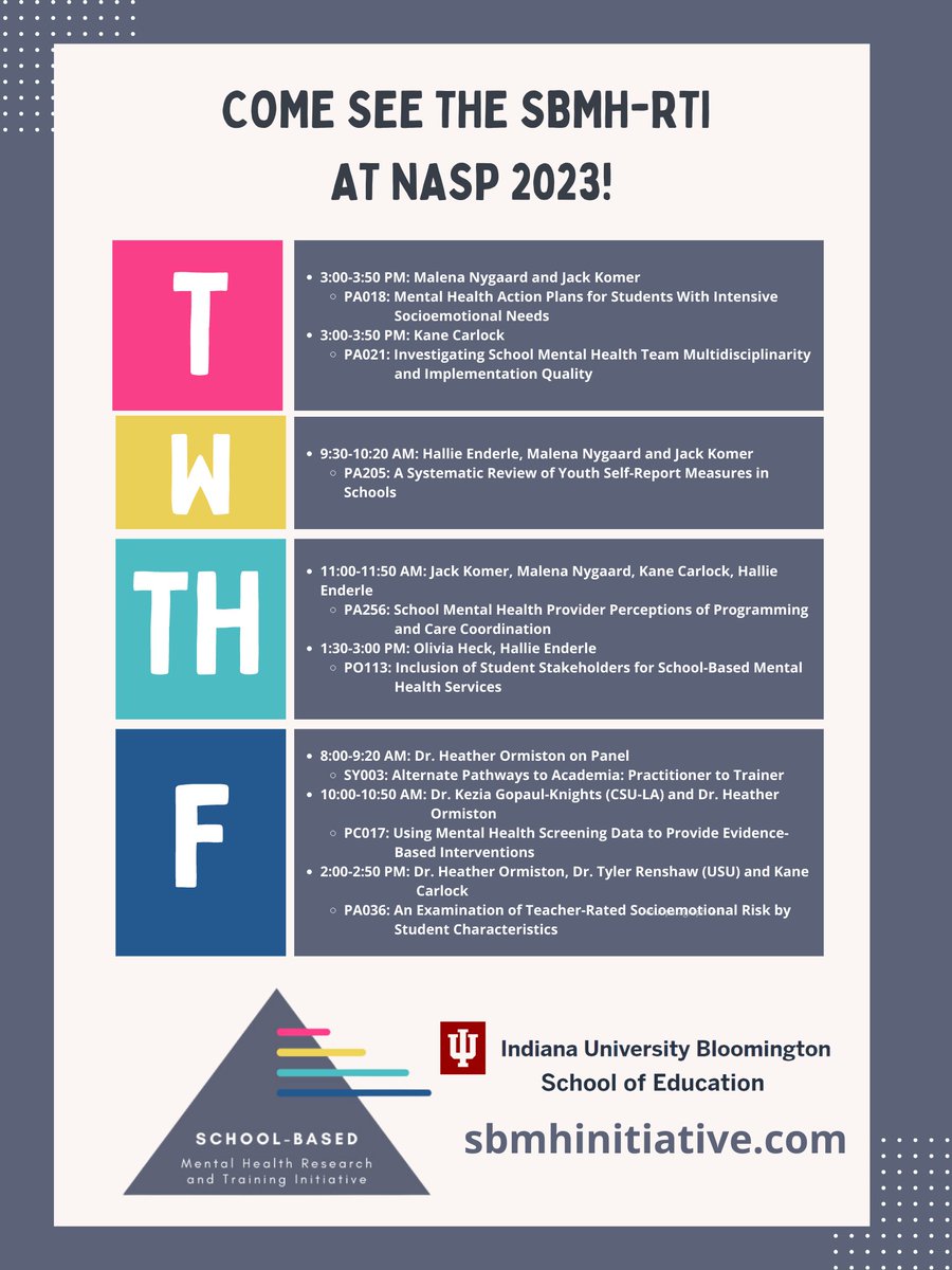 The School-Based Mental Health Research and Training Initiative is at NASP 2023! We have at least one presentation each day on a wide variety of SBMH topics. We hope to see you at one or more! #SchoolMentalHealth #CareCoordination #StudentVoices #UniversalScreening #NASP2023