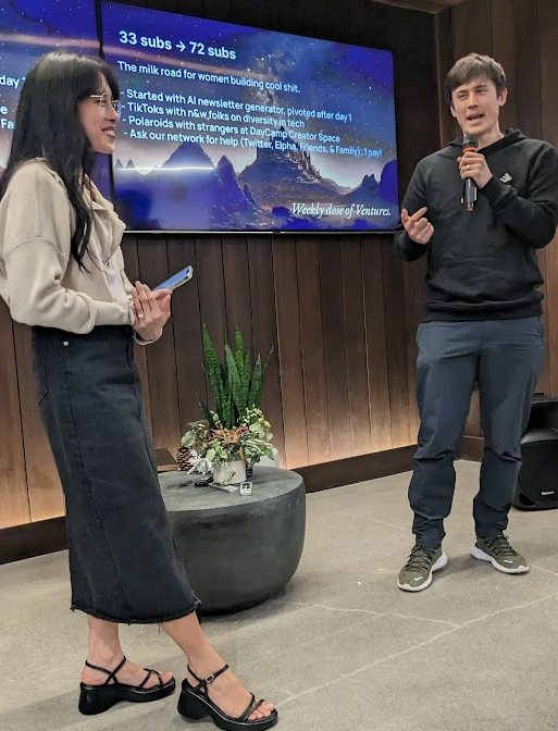 schwentker's tweet photo. .@seemcat presents Weekly dose of Ventures about women building & shipping stellar products
* reached 75 subscribers
* started w/ AI newsletter generator & pivoted
@_buildspace #nws2 https://t.co/q7Nf4wGkDB