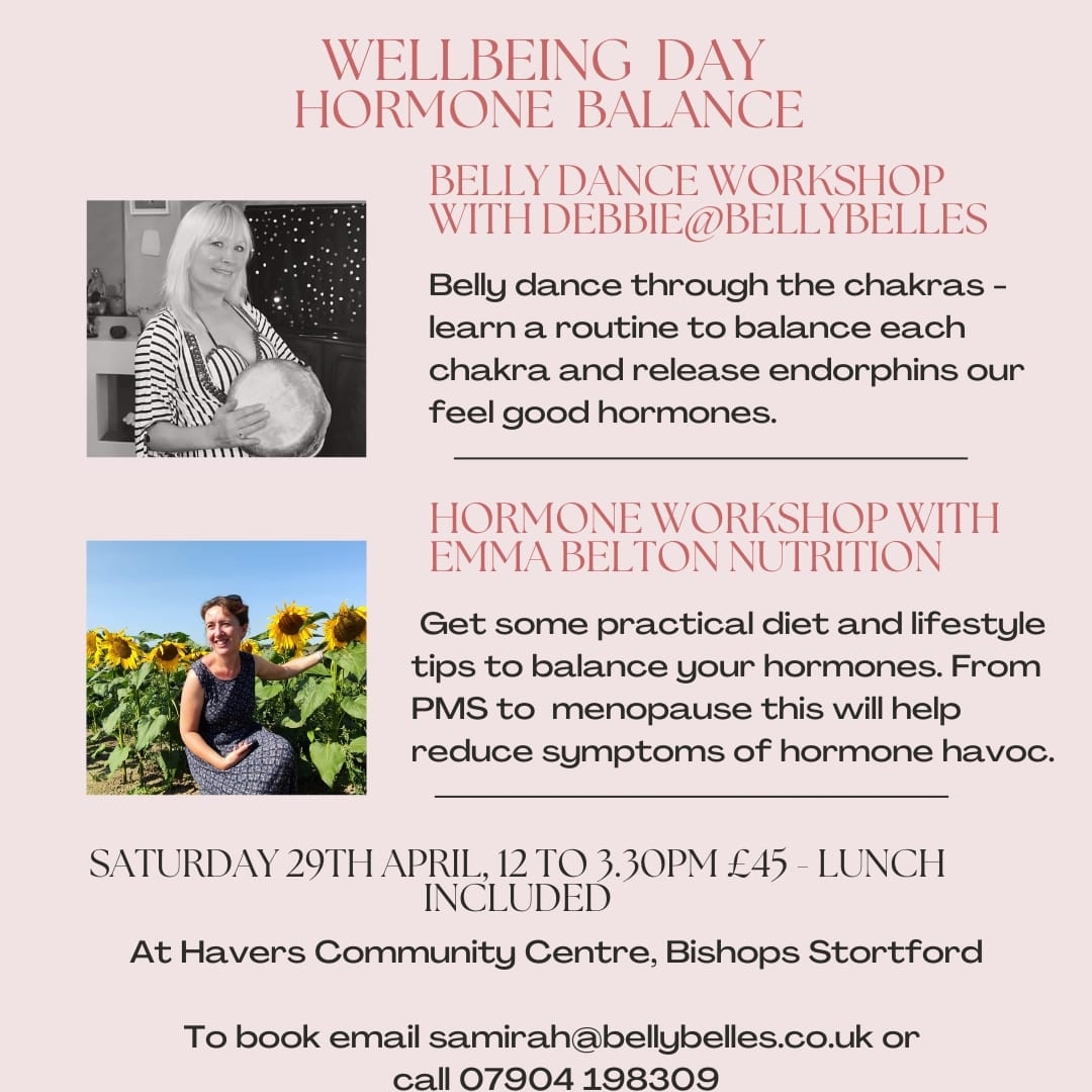 Get diet and lifestyle advice managing your hormones from Emma Belton a registered nutritional therapist from #Hertfordshire
Dance you way to happiness with Samirah of the Belly Belles #bellydance #endorphines #fun #hormones #perimenopause #menopause #PMS #Bishop’sStortford