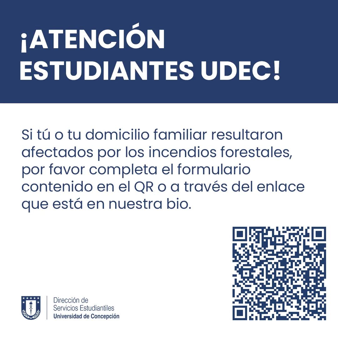 UdecChillan's tweet photo. ¡Atención estudiantes UdeC!

Si resultaste afectado/a por los incendios forestales, te invitamos a completar el formulario que está en el código QR o en el siguiente link.

🔗 Formulario: 
https://t.co/Q92r7FUMHs https://t.co/KBjaZdfMcP