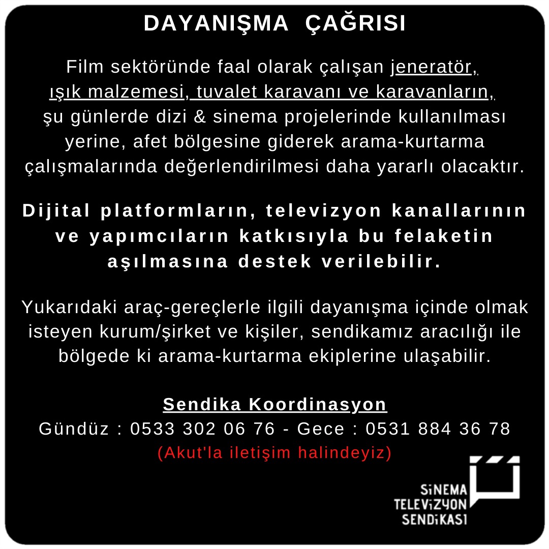 Dayanışma Çağrısı.

<a href="/netflixturkiye/">Netflix Türkiye</a>
@disneyplustr
<a href="/blutv/">life</a>
<a href="/exxen/">Exxen Ghahremani</a>
@gain
ve
<a href="/trt1/">TRT 1</a>
@foxturkiye
<a href="/startv/">STAR TV</a>
@showtv
@kanald
<a href="/atvturkiye/">ATV TÜRKİYE</a>
<a href="/tv8/">tv8</a>