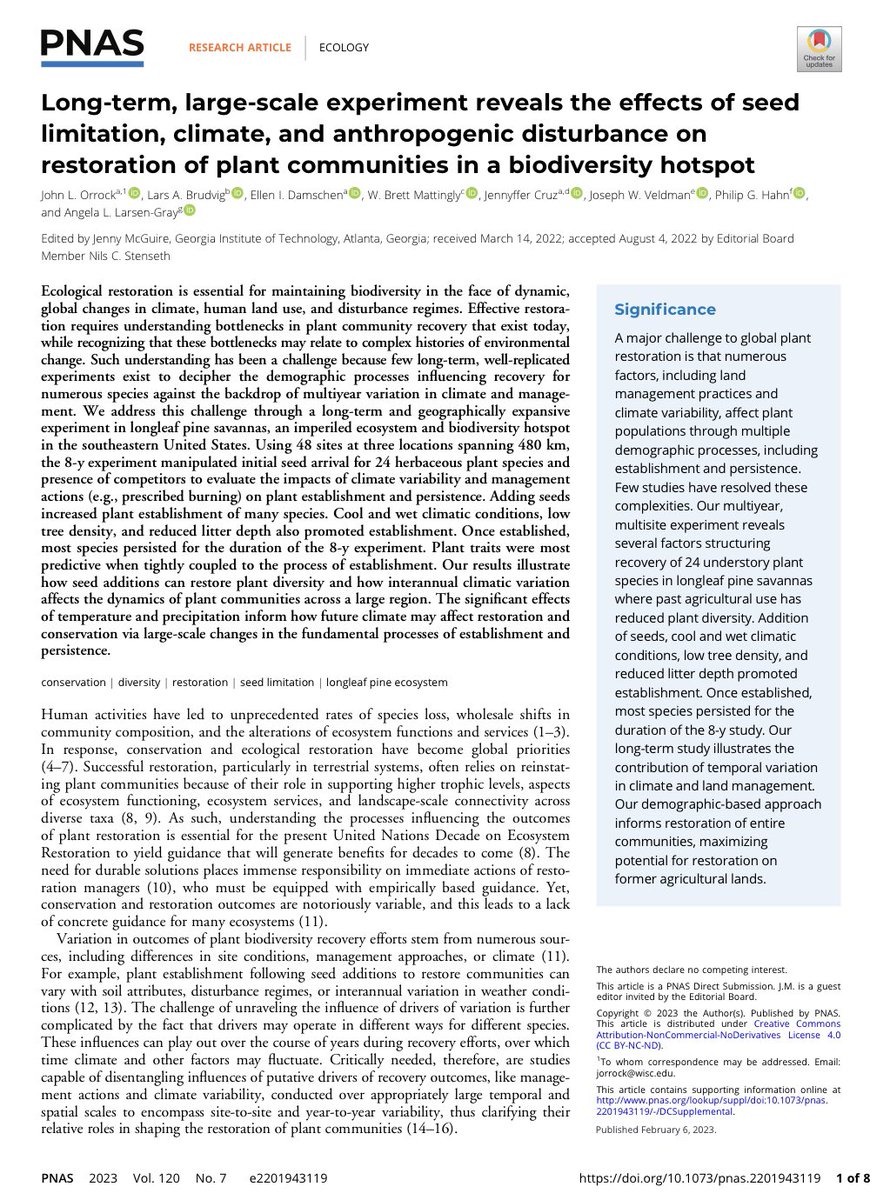 Congrats to <a href="/angielg19/">Angie Larsen-Gray</a> and collaborators on their new publication “Long-term, large-scale experiment reveals the effects of seed limitation, climate, and anthropogenic disturbance on restoration of plant communities in a biodiversity hotspot” published in PNAS!