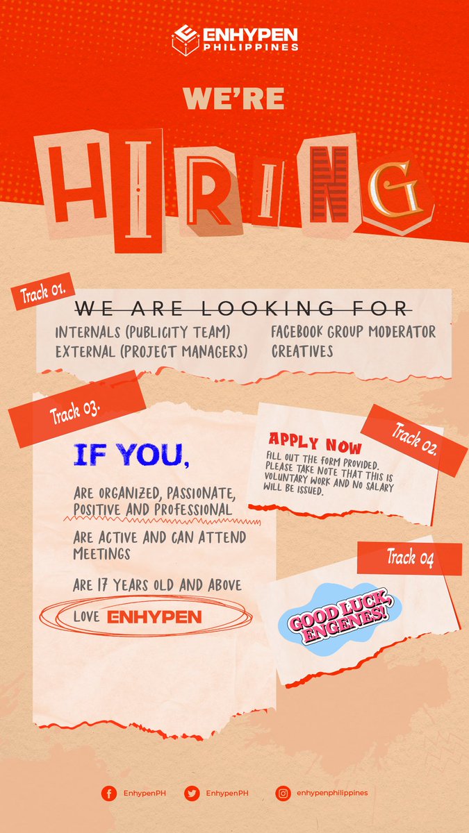 EnhypenPH's tweet photo. ‼️WE ARE NOW HIRING! And we are looking for the following staff:

• Internal Staff (Publicity and Moderators)
• External Staff
• Creative Staff

If you have what it takes to be one of us, fill out the form below!
📎 https://t.co/53u9ye1Nim

#ENHYPEN #엔하이픈 https://t.co/9X0nvbtUPe