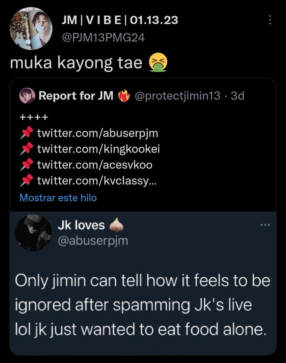 3k QRTs of people interacting with an anti jikooker 🐯 for a video that is heard shouting the name of the 7 members, and this person shouts close to the camera only for 2 members without allowing the rest to hear well. Giving an anti a platform so that 🐯 gets more hate Report‼️