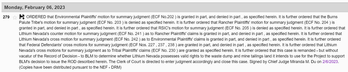 BREAKING NEWS!!  Looks like Judge Du has finally ruled in the Thacker Pass Court case.  Lots to read still but top line looks like she has remanded the case back to the BLM WITHOUT VACATUR. I view this as not perfect news, but positive overall for $LAC.  Will post the full order