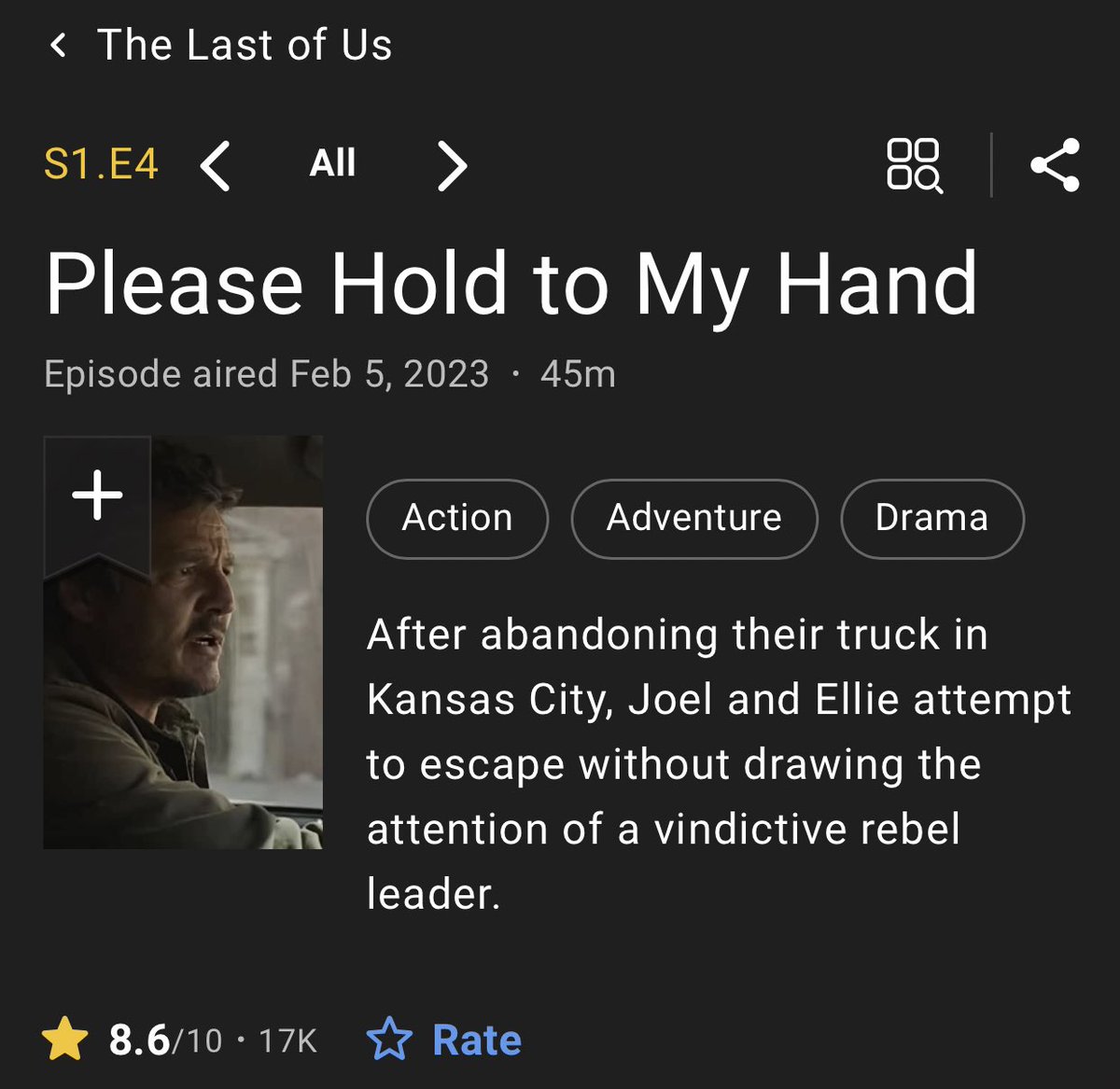 DomTheBomb on X: The Last of Us HBO Episode 4 Please Hold to My Hand sits  at 8.6/10 ⭐️ after almost 17.1K reviews on IMDb  / X