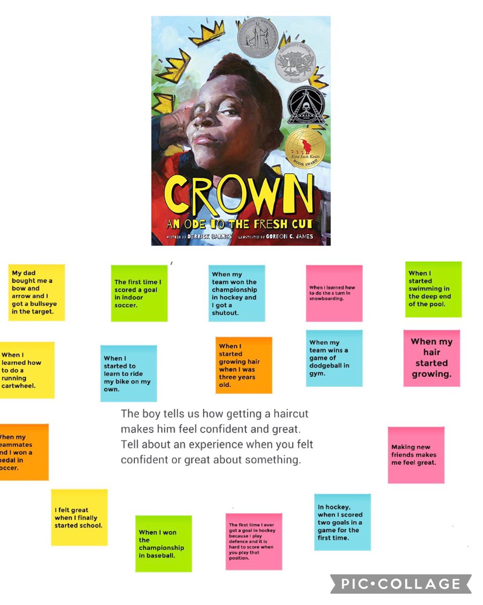 My grade 3’s listened to “Crown:  An Ode to the Fresh Cut”.  The boy in the story felt confident and great after getting a haircut.  My students made connections to the story by sharing a time when they felt confident or great about something. <a href="/VTvdsb/">Valleyview Public School</a> #BlackExcellenceTVDSB