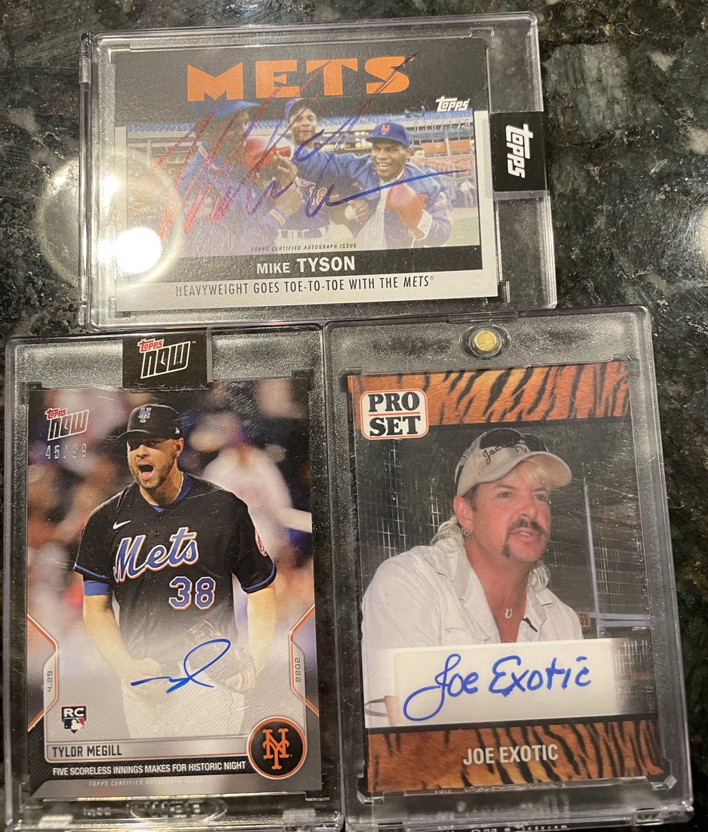 justBREAKINGit's tweet photo. All FS 
Mike Tyson auto - once apon a time in Queens
Tylor Megill - No hitter Auto
Joe Exotic Prison Auto (have x2)
@CardboardEchoes @sports_sell @Hobby_Connect https://t.co/OIhrEQ7udm