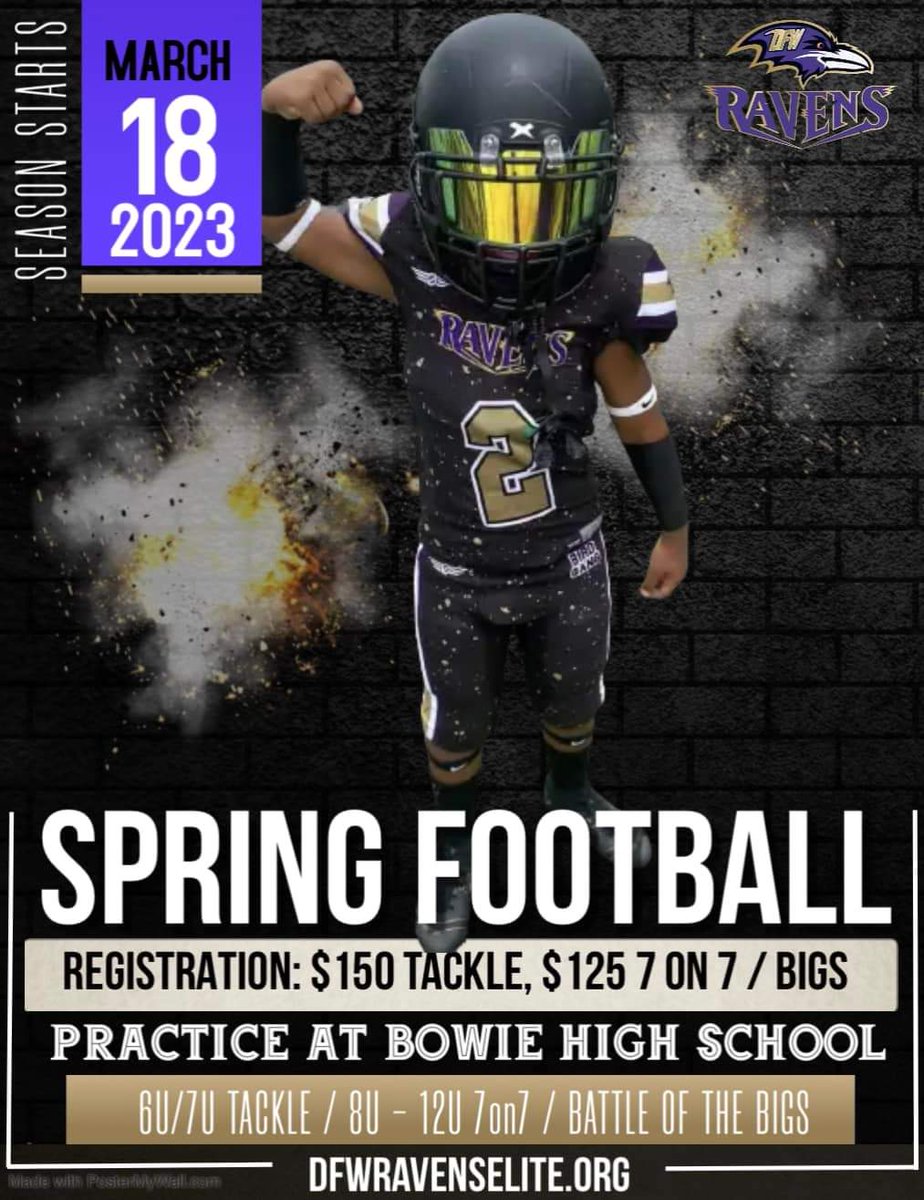 DFWRavensElite's tweet image. forms.gle/VmbnTi4PVrC7t8…

🏈 Get your son registered! 

Spring football is designed to sharpen up skills and get stronger for the fall season so please take advantage of the different programs offered! #BirdGang #TexasSports