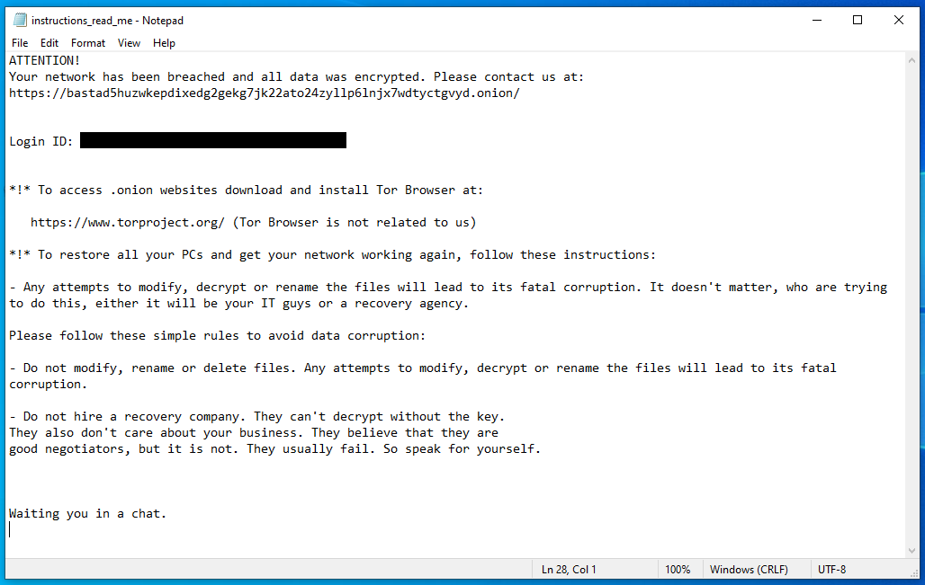 splinter_code's tweet photo. #BlackBasta #Ransomware back to business with a new TOR domain

Ext: .[random_9_chars]
Ransom Note: instructions_read_me.txt
TOR: https://bastad5huzwkepdixedg2gekg7jk22ato24zyllp6lnjx7wdtyctgvyd[.]onion/

Sample 👇
https://t.co/fTGgYcWkSN https://t.co/Zq45xijbZX