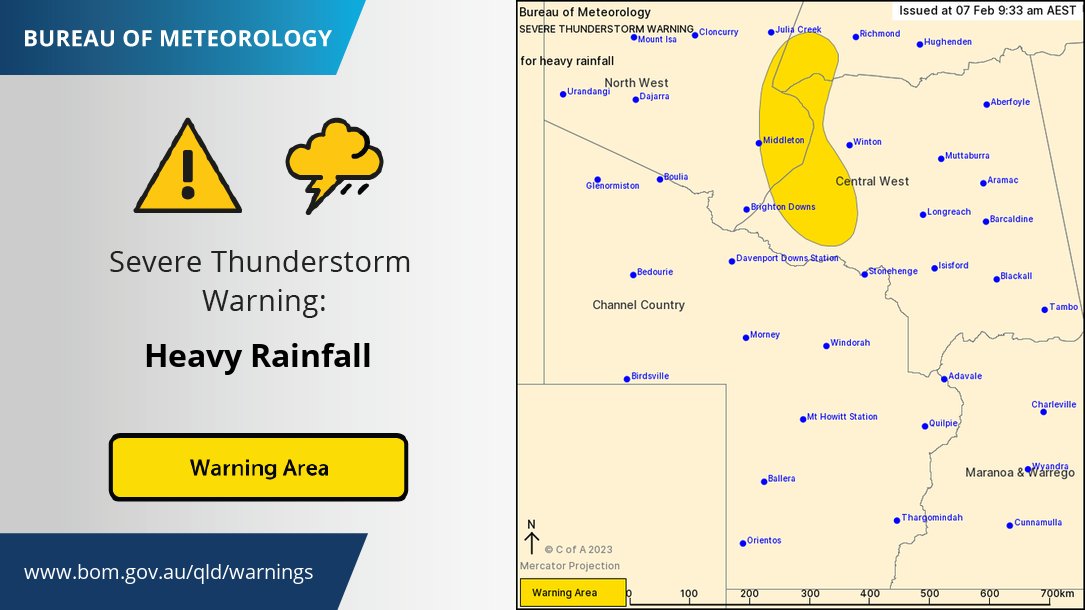 BOM_Qld's tweet photo. Severe thunderstorms warning in #NorthWest #CentralWest #NorthernGoldfields has been updated. Rain with embedded thunderstorms still producing localised heavy falls and flash flooding. Dagworth recorded 50 mm in 1 hour to 8:15 am. Warning https://t.co/m3kl9lft1d https://t.co/0dX1b9LbBo