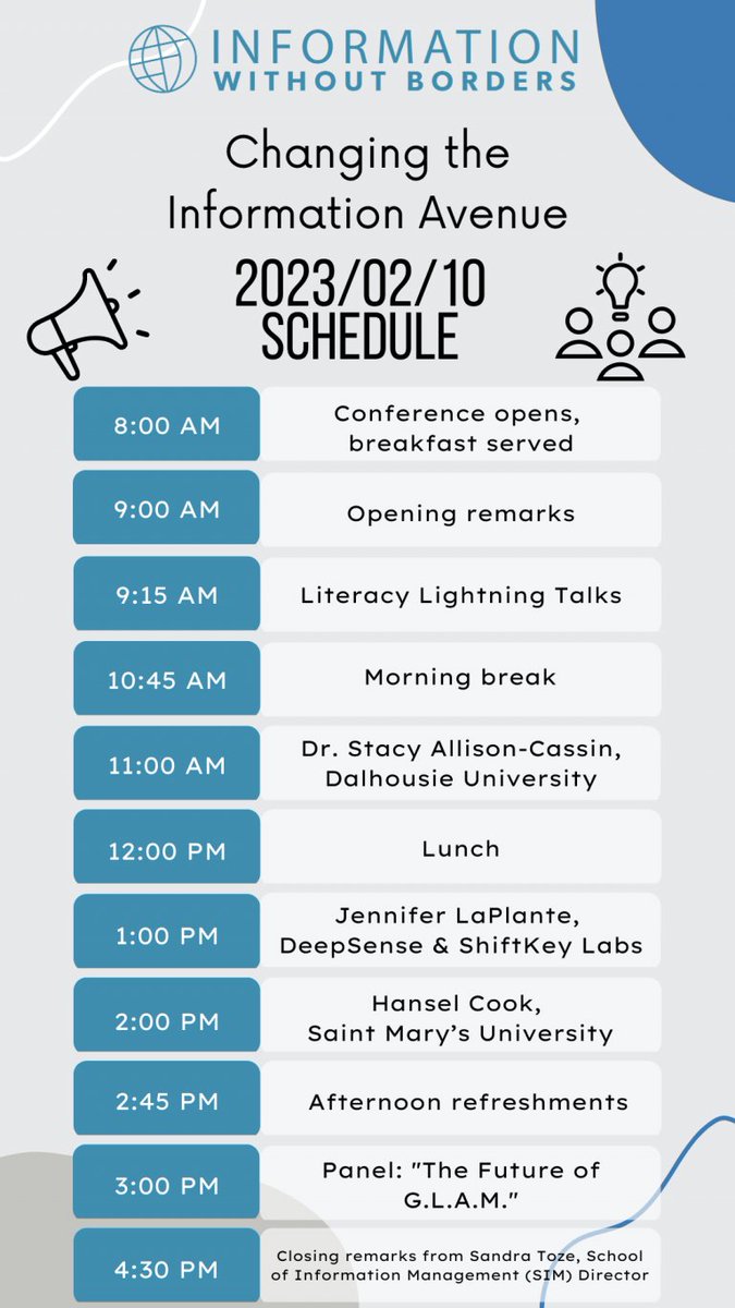 iwbconference's tweet photo. Last couple of hours to get your tickets for Friday's #informationwithoutborders conference! We can't wait to welcome all of our attendees, here is the schedule for the day! #conference #Halifax #IWB #informationmanagement https://t.co/Qoc3b9FCdV