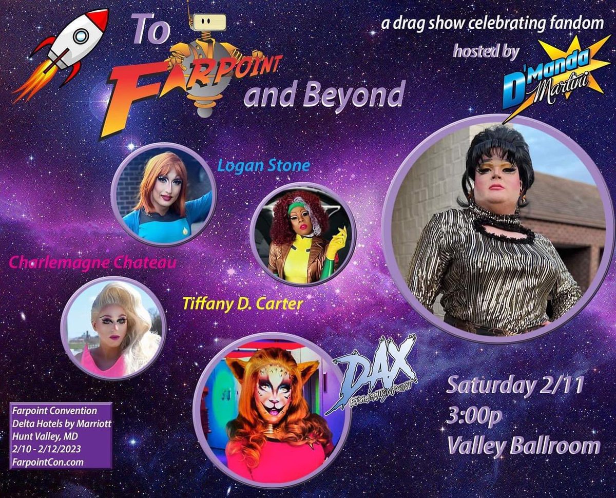 Back by popular demand! Last year was such a hit we had to do it again! TO FARPOINT AND BEYOND - A drag show celebrating Fandom is set for Sat 2/11/23. Hosted by @dmandamartini with <a href="/queenloganstone/">Logan Stone</a> @Daxclamation  @charlemagnechateau &amp; <a href="/badgal_tiff/">Tiffany Hendricks</a>, it's guaranteed to slay!