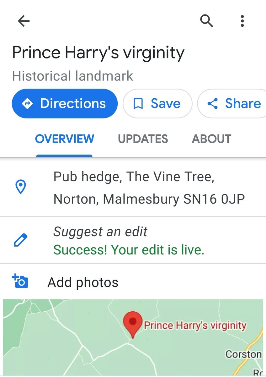 PhoebeDinsmore_'s tweet photo. I added #PrinceHarry's virginity as a historical landmark on Google Maps and its been approved 🤣🤣🤣 let's see how long it stays there 🤣 @kinseyschofield #SparePrinceHarry #harryandmeghan https://t.co/JsD0vLhAZs